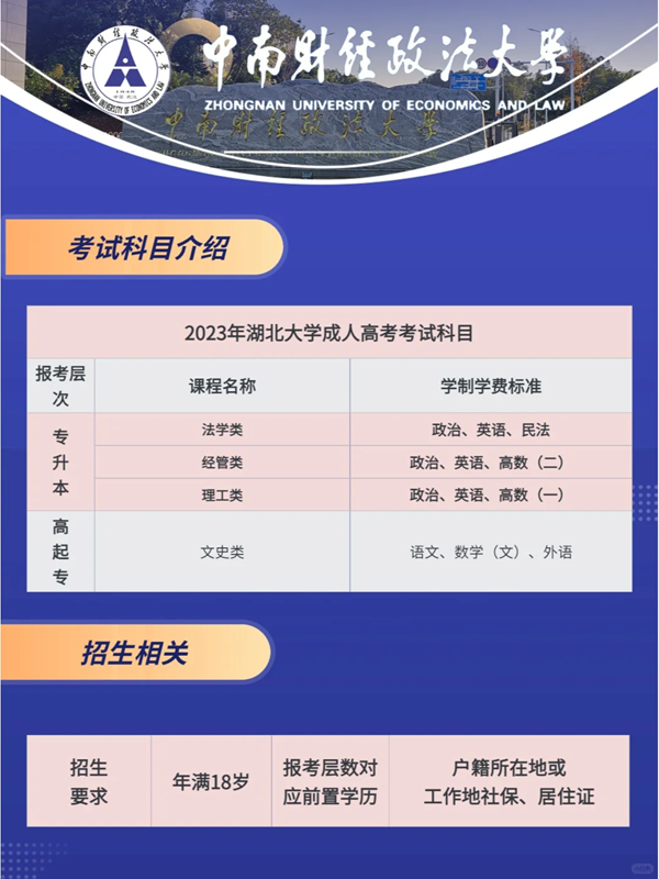 中南財經(jīng)政法大學(xué)的成人高考法學(xué)本科最新報名指南 -圖1